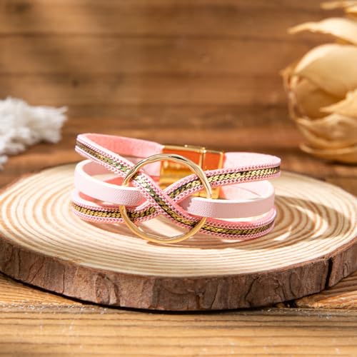 xuzhiyuan Bohemian Leather Cuff Bracelet Multi-Layer Wrap with Circle Accent Bracelet Boho Braided Bracelet Jewelry Gift for Women - color: Pink