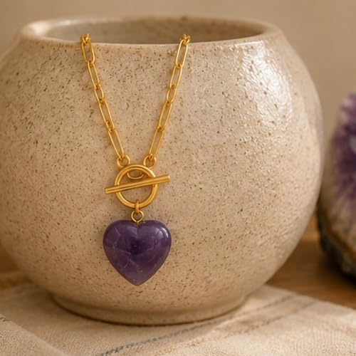 Teardrop CZ Pendant Paperclip Chain Necklace 18K Plated Paperclip Toggle Necklace Jewelry Birthstone Gift for Women - color: Heart Amethyst