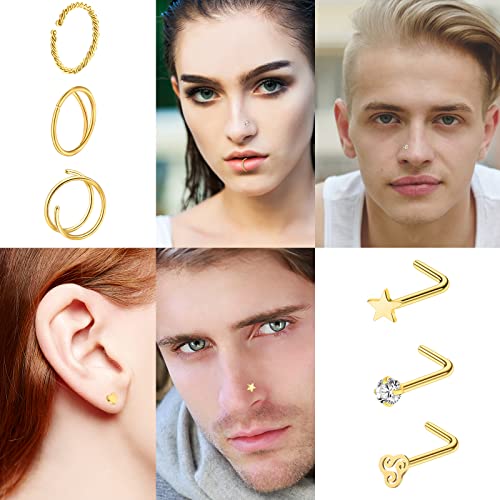 23-40 Pcs Gold Nose Rings & Studs - 18G & 20G Nose Piercing Jewelry - L Shape, Hoop & Screw Body Jewelry for Women & Men - color: Gold-B