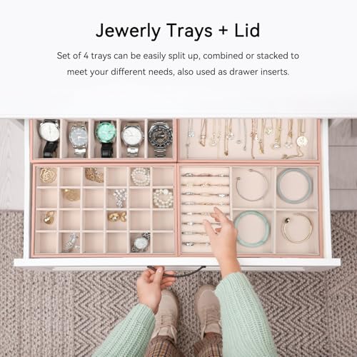 Voova Stackable Jewelry Organizer Tray with Lid (Set of 4, Pink) | Stackable PU leather jewelry trays with drawer inserts for earrings, rings, necklaces, bracelets and watches; set of 4 - color: Pink