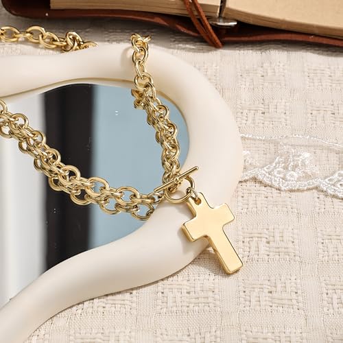 Carffordo Gold Cross Necklaces for Women, Chunky 14K Gold Plated Necklace | Statement Cross Pendant Necklace with Toggle Clasp, Hypoallergenic Waterproof Bold Chain, Trendy Charm Jewelry Gift for Her - color: fashion cross