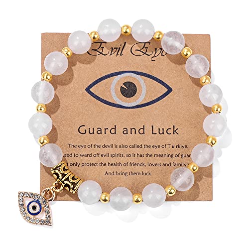 Evil Eye Bracelet for Women Men Natural Stone Beads Handmade Bracelet Inspirational Bracelet with Gift Message Card Kabbalah Protection Good Luck Jewelry Gift - color: White