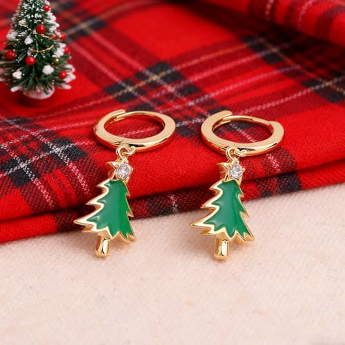 Sonateomber Christmas Tree Dangle Small Gold Hoop Earrings for Women, Cute Sparkly CZ Rhinestone Maple Clover Leaf Drop Earings Thanksgiving Holiday Accessories Fashion Jewelry Gift - color: Christmas Tree