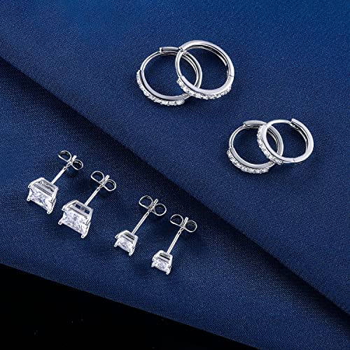 White Gold Earrings for Women Men Hoop and Stud Earring Set | Hypoallergenic 14K White Gold Plated Hoops Huggie Stud Earrings Set Round Cubic Zirconia Ear Jewelry - style: A2-White Gold-Hoop&Square Stud (4 Pairs)
