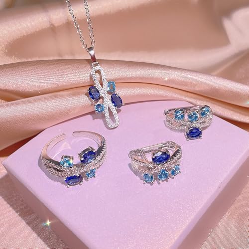 Elegant Jewelry Set Necklace for Women,Adjustable Dainty Cubic Zirconia Trendy Choker Pendant Necklace+Earrings+Ring, Mother's Day Valentine's Day Gifts Pendant Set for Women 3PCS - color: Blue silver