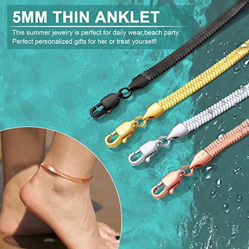 Adjustbale Link Chain Anklet for Women Summer Jewelry, 316L Stainless Steel Figaro/Wheat/Twist Rope/Cuban Foot Bracelet-Waterproof, Resizable 9"-12" (Gift Box Included) - color: 6, Herringbone - Rose Gold-5mm