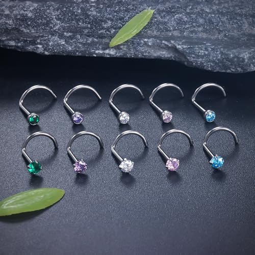 ASTM F136 Titanium Nose Rings 18G 20G 22G Jeweled Mix Color CZ Nose Studs Ring Screw L-Shaped Bone Hypoallergenic Nostril Body Piercing Jewelry for Women 1.5mm 2mm 2.5mm 3mm 10PCS - style: Screw:22G(0.6mm)-2.5mm CZ