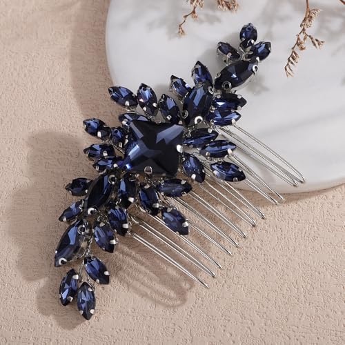 Square Rhinestone Hair Comb Silver Gold Rhinestone Wedding Headpiece Handmade Crystal Bridal Hair Comb Bridal Hairpiece for Brides Bridesmaid (dark blue) - color: dark blue