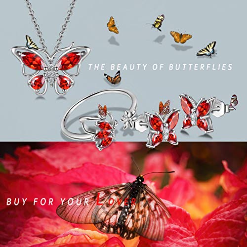 925 Sterling Silver Birthstone Butterfly Jewelry Women Crystal Animal Cute Butterflies Birthday Necklace/Earring/Ring/Bracelet Sets Birth Stone Statement Anniversary Jewellery - color: 2-A.January-Garnet