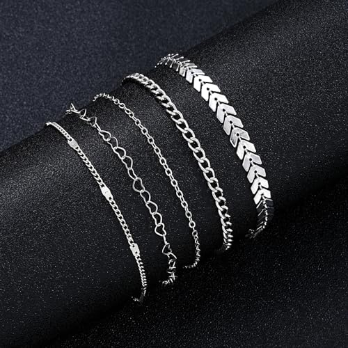 Fesciory 14K Gold Plated Ankle Bracelets Sets For Women, Adjustable Layered Infinite Anklet, Summer Beach Butterfly Star Foot Chain Jewelry Gifts - style: Heart Set(Silver)