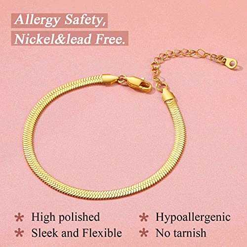FindChic Elegant Herringbone Snake Chain Anklets/Bracelets 3MM/5MM Width Stainless Steel/18K Gold/Rose Gold Plated/Black 4 Color Options, 8.3'' 8.5'' 10.5'' Length, with Gift Box - color: A: 5mm 8.5'' anklet (Gold Plated)