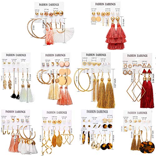 18-32 Pairs Tassel Earrings Set with Colorful Tassel Long Layered Dangle Hoop Tiered Thread Earrings Set for Women Jewelry Fashion and Valentine Birthday Party Gift - style: 63 Pairs Tassel Earrings