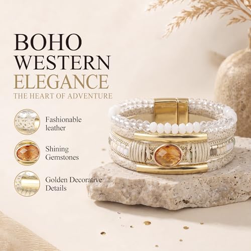 Edoneery Leather Wrap Bracelets for Women, Boho Layered Cuff Bangle | Multi-layer Leather Cuff, Daily wear, Stackable Bangle, Easy on-off, Western Jewelry Gifts for Women - color: Beige-3