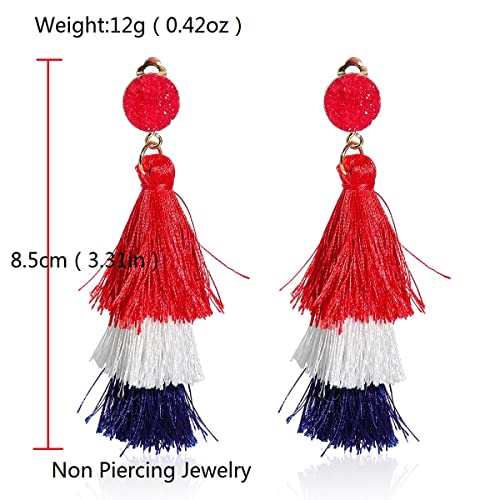 Boho Statement Tassel Earrings - Clip On Feather Dangling Fringe Earrings for Women - Non Piercing Jewelry for Vacation, Beach, Bride, Bachelorette, Costume, Prom - color: Red White Blue Clip On