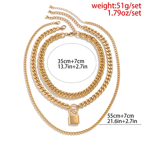 Jumwrit Chunky Chain Necklace Punk Layered Choker Necklaces Cuban Link Chain Necklace with Lock Pendant Necklace Statement Necklace for Women and Girls - color: Gold