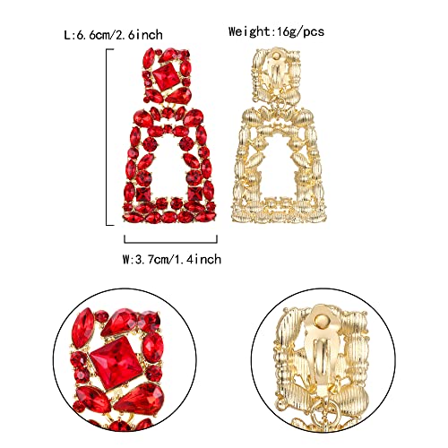 Flyonce Rectangle Clip-on Drop Earrings for Women, Sparkly Rhinestone Crystal Geometric Statement Non Pierced Earring Wedding Prom Party Jewelry for Brides Bridesmaid - color: Red