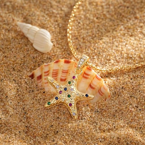 MTMY Gold Starfish Necklace 14K Gold Plated Shell Conch Ocean Pendant Necklace for Women Beach Summer Jewelry - style: mix starfish