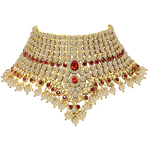 Aheli Bollywood Style Indian Bridal Choker Necklace Matha Patti Nose Ring Haath Phool Wedding Fashion Bharatanatyam jewellery set for Women - color: Champagne-Red
