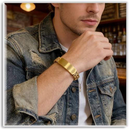 Xusamss Mens Cuban Link Bracelet Stainless Steel Double Layer Chain Jewelry Heavy Blank Bar Design Link Bracelet for Men - color: Gold