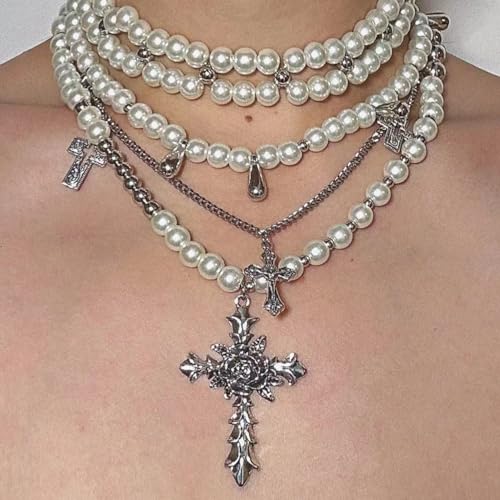 Layered Pearl Necklace Gothic Cross Pearl Stacked Necklace for Women | Statement Chunky Silver Choker Necklace