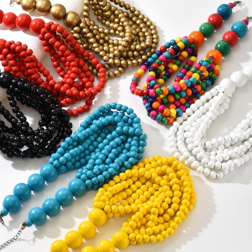 Handmade Layered Wood Bead Necklace for Women - Chunky African Statement Necklace, Natural Khaki Beaded Jewelry, Hypoallergenic & Skin-Safe for Sensitive Skin, Boho Rainbow Inspired Chunky Collar Necklace - color: White