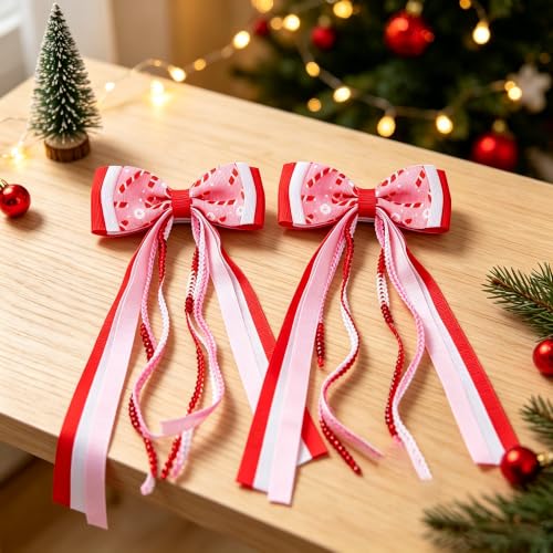 2PCS Christmas Long Streamer Hair Bow Clips, 3.54 Inch Grosgrain Ribbon Bow | Red and White Sequin, Candy Cane Pattern, Lined Alligator Clips XMAS Hair Accessories for Ponytail Styling - color: Red Candy Cane