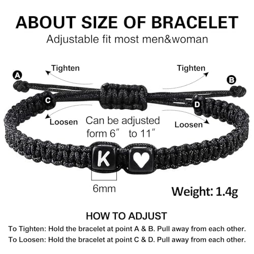 Valentines Day Gifts for Him Her Heart Love Letter Initial Matching Couple Bracelets for Women Men Teen Gifts Best Friend Graduation Birthday Gifts A-Z Braided Bracelet Son Daughter Dad Jewelry - color: Black-K
