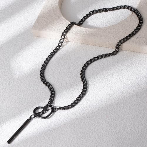 MIFYNN Heart O ring Slip Chain Necklaces for Women Stainless Steel Cuban Chain Bar Necklace Punk Rock Collar Necklace Handmade Adjustable Lariat Y Necklaces for Men - color: Heart+Bar