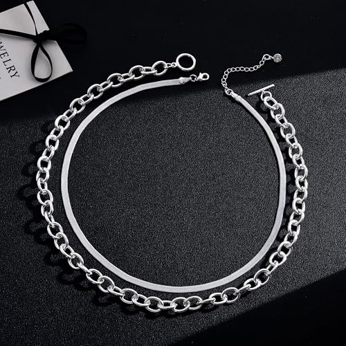 CHESKY 14K Gold Plated Chunky Necklace for Women, Trendy Toggle Clasp | Statement Pendant Necklace, Layered Paperclip Chain, Toggle Clasp Design, Thick Gold Chain, Non Tarnish Everyday Jewelry - color: silver, style: paperclip+herringbone