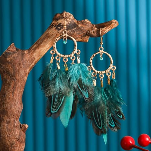 Feather Earrings for Women Boho Jewelry Peacock Feather Long Brown Light weight Western Earrings - color: A2:blue feather earrings