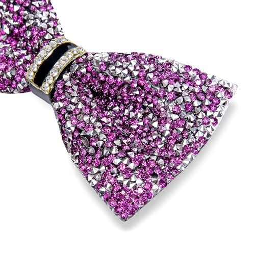 DiBanGu Mens Rhinestone Bow Tie with Ring and Lapel Pin Set | Adjustable Strap,Pre-tied Style,3PCS,Sequin Diamond Bowties,Solid/Mix Color,Shiny Accessory,for Party Prom Banquet Wedding - color: Purple and Silver