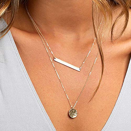 Turandoss Dainty Layered Choker Necklace, Handmade Y Pendant Necklace Multilayer Bar Disc Necklace Adjustable Layering Choker Necklaces for Women - style: 3PCS - Amethyst&Bar&Hammered Disc