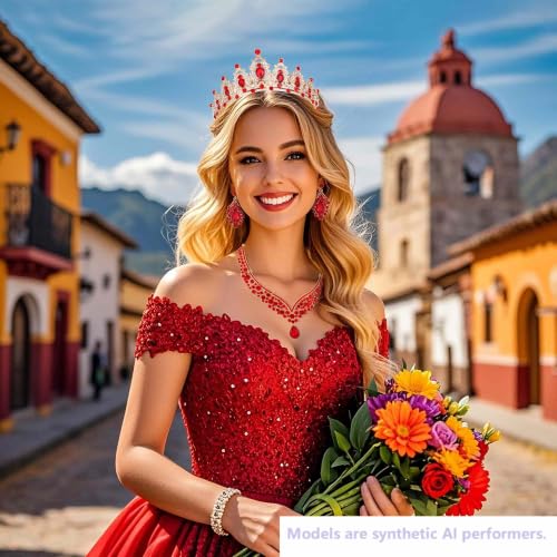 Kamirola Bridal Wedding Tiara Crown Jewelry Set for Women/Brides/Bridesmaids Crystal Jewelry Set for Wedding Prom Party Bridal Crystal Necklace Earrings Bracelet Set(TR60) - color: Gold Red