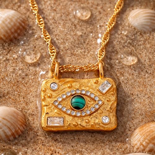 Evil Eye Necklace For Women - 18K Gold Plated Stainless Steel Celestial Moon North Star Eye CZ Gemstone Pendant - Waterproof - Anti-tarnish - Protection Jewelry Gift - style: Rectangle Evil Eye