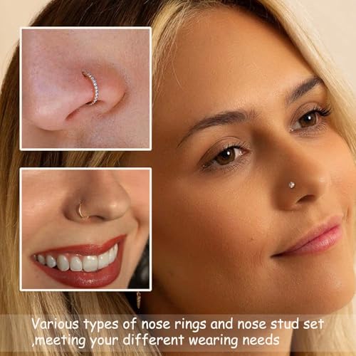 8PCS Titanium Nose Rings Stud, Gold Nose Ring for Women Men Hypoallergenic Nostril Hoops L Shape Nose Studs Corkscrew CZ Nose Piercing Jewelry Silver 18G & 20G Nose Ring Studs 2/2.5/3mm - style: 8PC-Gold
