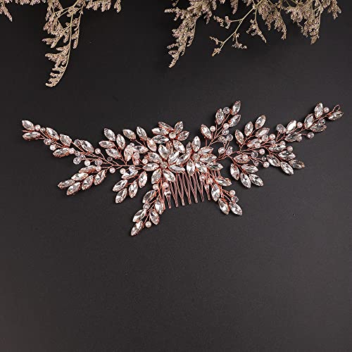 Wedding Rose Gold Hair Comb with Rhinestone Crystal Flower for Bridal Headpieces, Handmade Accessories for Women and Girls (ROSE GOLD) - color: ROSE GOLD
