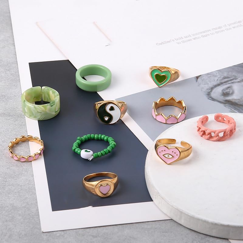 Gold Stackable Ring Sets Yin Yang Patterns Adjustable Alloy Finger Rings for Punk Boho & Daily Wedding Jewelry - color: Multicolor2