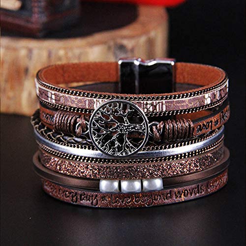 TGLS Women Tree of Life Leather Bracelets Multi-Layer Wraps Wristband Layered Wrap Bangle Cuff Bracelets for Friends Sisters Birthday Gifts - color: Brown