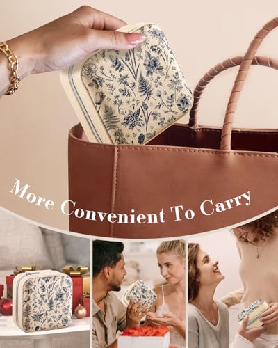 Bistup Travel Jewelry Case - Small Jewelry Organizers and Storage Box for Women Girls Teens Cute Traveling Jewelry Holder with Mirror Little Tiny Compact Modern Unique Aesthetic Pretty, Blue Floral - style: Blue Floral
