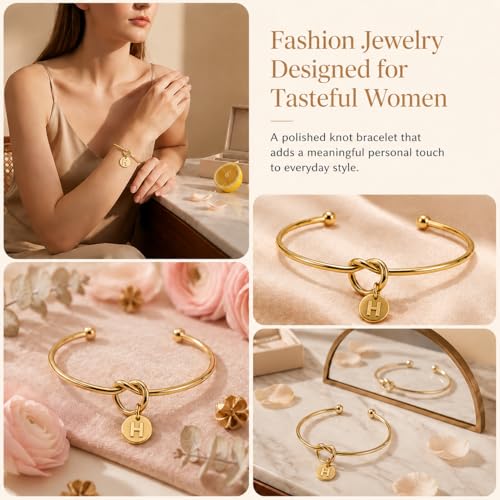 LemonRose Initial Bracelets for Women - Dainty Tie the Knot Letter A-Z 14K Gold Plated for Women Gold Cuff Bracelet for Womens Jewelry Personalized Bridesmaid Proposal Gifts - color: Gold H