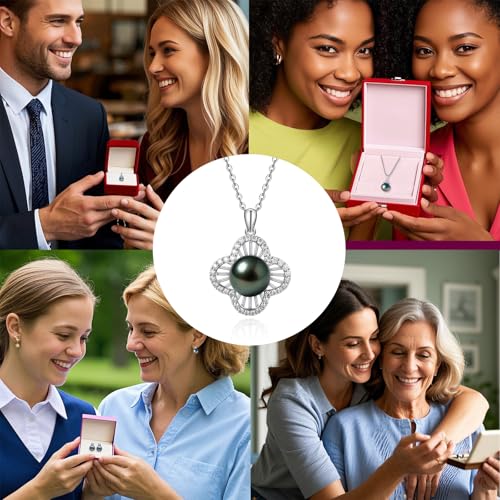 Genuine Tahitian Black Pearl Necklace for Women, 9-11mm AAAA Seawater Pearl with Sterling Silver Moissanite Pendant, Jewelry Gift for Wife, Mom, Girlfriend, Wedding Anniversary, Birthday, Christmas - size: 9-10mm, style: Clover Bloom