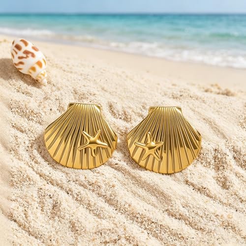 Gold Statement Earrings For Women, 14K Gold Plated Textured Geometric Drop Earrings - Hypoallergenic Stainless Steel Statement Earrings for Women, Waterproof Fan-Shaped Dangle Earrings for Beach & Daily Wear - color: Starfish seashell DKE252019GL