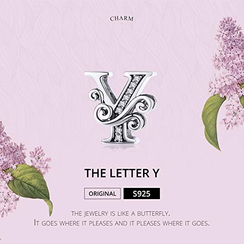BISAER 925 Sterling Silver Initial Letter A-Z Charms for Bracelets Alphabet Beads Charm Jewelry Gifts - color: Letter Y