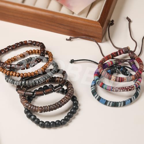 36Pcs Braided Leather Bracelets for Men Women Wrap Wood Beads Cuff Bracelet Hemp Cords Ethnic Tribal Handmade Wrap Wristband Bracelets Set Adjustable