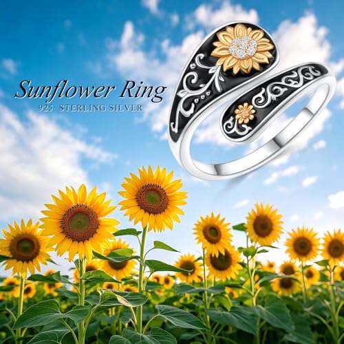 FLYOW Sterling Silver Sunflower Spoon Ring Victorian Style Boho Antique Flower Adjustable Open Ring Retro Statement Cubic Zirconial/Turquoise/Oxidized Thumb Rings for Women Birthday Christmas Jewelry - style: Cubic Zirconial-7