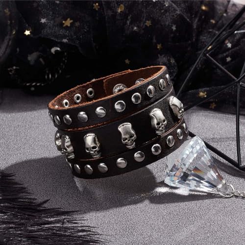 GORGECRAFT Handmade PU Leather Bracelets Flat Round Braided Cuff Bangle Multi Layers Wood Beads Wrap Bracelet - style: Punk Retro