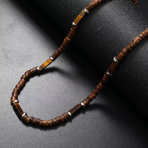 Handmade Wooden Beads Choker Necklace for Men Women Bohemian Coconut Beaded Surfer Necklace Hawaiian Summer Beach Jewelry - color: Brown