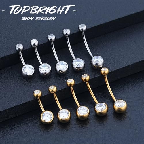 TOPBRIGHT G23 Titanium 14G Belly Button Rings - Internally Threaded Curved Barbell Hypoallergenic Navel Piercing Jewelry Gold Silver 2Pcs Set for Women 6mm 8mm 10mm 12mm 14mm 16mm - color: Silver&Gold-10mm bar