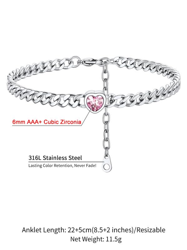 ChainsHouse Cuban Chain Anklets for Women with Heart Birthstone Jan - Dec | Stainless Steel Black Link Chain Ankle Bracelet with Birthstone, Beach Women Anklet 22cm-27cm Adjustable, with Gift Box - color: 10. Oct.-Tourmaline-Steel