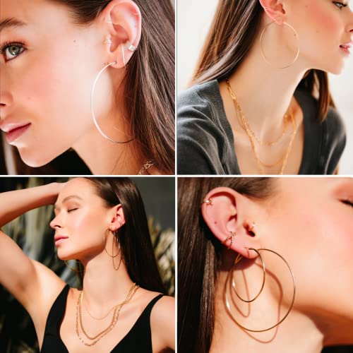 Senteria Large Gold Plated Hoop Earrings for Women Lightweight 316L Stainless Steel Hoop Earrings Set Hypoallergenic Thin Gold Plated Hoop Earrings for Women (30/40/50/60/70MM) 5 Pairs - color: 6pairs(30/40/50mm)-gold+silver